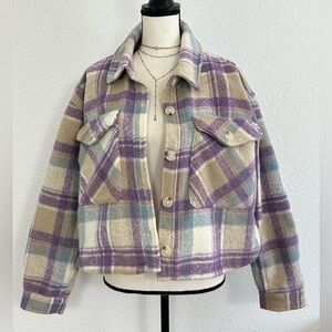 BLANK NYC Purple/Tan/Blue PLAID SHERPA Shacket SZ L COLLARED CROPPED